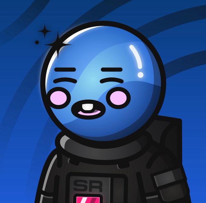 Cute cartoon character with a shiny blue spherical head, pink cheeks, and a black spacesuit marked 'SR', set against a blue swirling background.