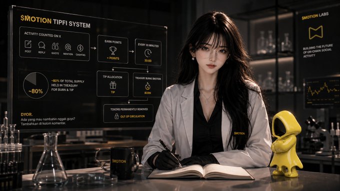 Digital artwork of an anime-style scientist in a lab with 'SMOTION TIPFI SYSTEM' charts displayed, accompanied by a small yellow hooded figure.