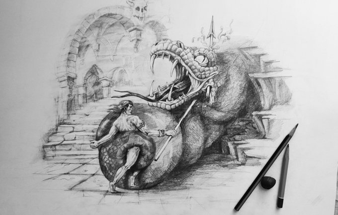 Pencil sketch fantasy artwork depicting a warrior woman with a shield confronting a large fanged serpent-like creature, with a pen and stylus shown at the bottom right.
