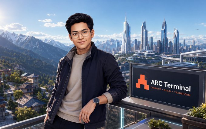 A digital illustration of a young man with glasses standing on a balcony overlooking a futuristic city and mountains, with an 'ARC Terminal' sign displaying 'CONNECT • BUILD • TRANSFORM'.