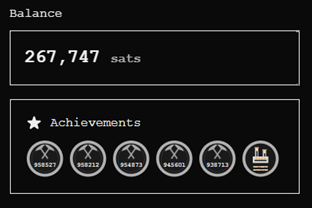 A digital wallet interface showing a balance of 267,747 sats and several achievement badges.