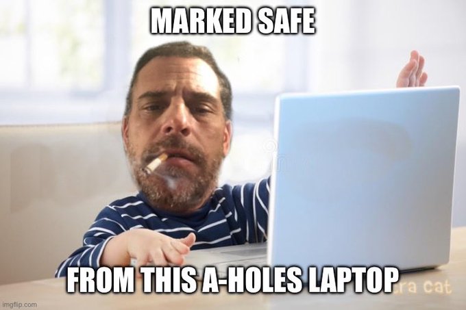Meme of a bearded man smoking a cigarette while raising his hand defensively, with text reading 'MARKED SAFE' at the top and 'FROM THIS A-HOLES LAPTOP' at the bottom.
