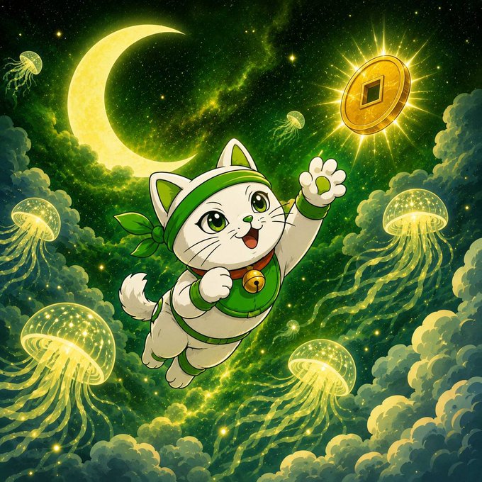 Digital illustration of a white cat with a green headband and bell collar reaching toward a glowing coin with a square hole, surrounded by jellyfish and a crescent moon in a green cosmic sky.