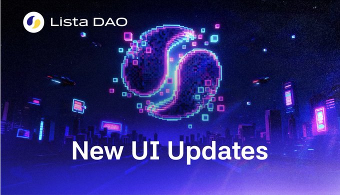 A promotional graphic for 'Lista DAO' announcing 'New UI Updates' featuring a pixelated, neon-lit 3D coin with a dollar sign against a futuristic cyberpunk cityscape background.