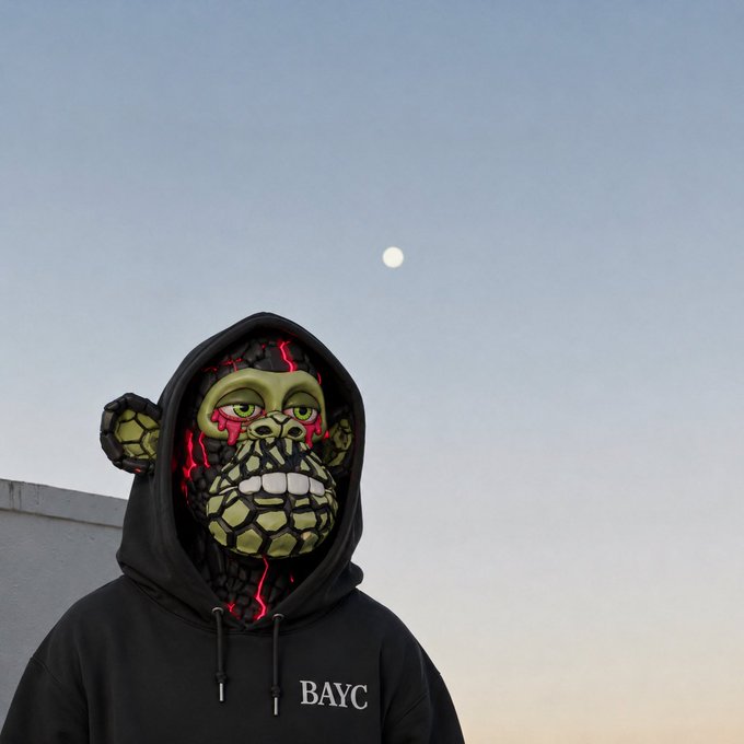 A person wearing a black hoodie with "BAYC" printed on it poses with their hood up, revealing a green Bored Ape Yacht Club-style mask underneath, set against a twilight sky with the moon visible.