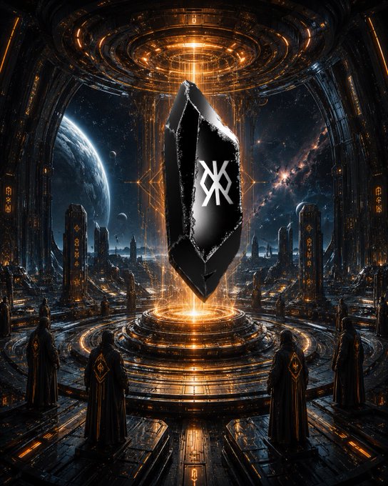 A sci-fi scene depicting a dark, monolithic crystal hovering in a futuristic chamber, marked with a symbol, surrounded by robed figures and bathed in golden light with a cosmic backdrop.