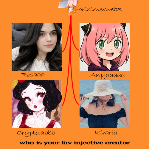 An orange graphic titled '_oniinexweb3' asking 'who is your fav injective creator' with four images labeled Rosaaa, Anyaaaaaa, Cryptolabb, and Kiraruu.