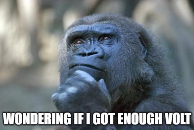 A meme showing a thoughtful-looking gorilla with the caption 'WONDERING IF I GOT ENOUGH VOLT' at the bottom.