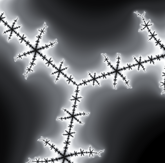 A fractal image displaying a black, snowflake-like or branching structure on a white and gray gradient background.