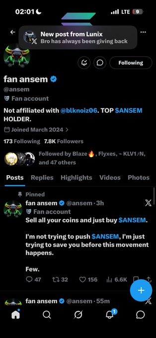 A Twitter/X profile page for "fan ansem" (@ansem), a verified fan account with 7.8K followers, displayed at 2:01 AM with low battery. The profile shows a pinned post reading "Sell all your coins and just buy $ANSEM" with 6.6K views, and the notification at the top mentions a new post from "Lunix" stating "Bro has always been giving back" — the $ANSEM token appears to be the crypto ticker being promoted.