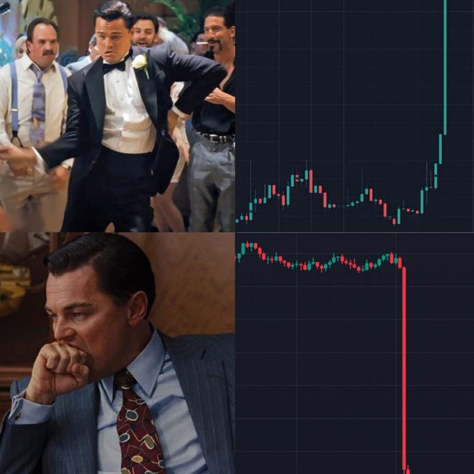 A four-panel meme combining scenes from a gangster movie with stock chart graphs showing a dramatic vertical price drop (top right shows a spike up, bottom right shows a crash down).