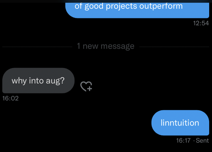 A iMessage conversation screenshot with a previous message about 'good projects outperform' at 12:54, a question 'why into aug?' at 16:02, and a reply 'linntuition' at 16:17.