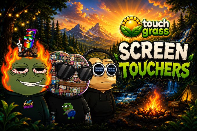 A colorful promotional graphic for 'touch grass SCREEN TOUCHERS' featuring cartoon-style characters including a frog with a cigar, a figure with pixelated sunglasses, and a character with X-ray glasses, set against a sunset mountain landscape with a campfire.