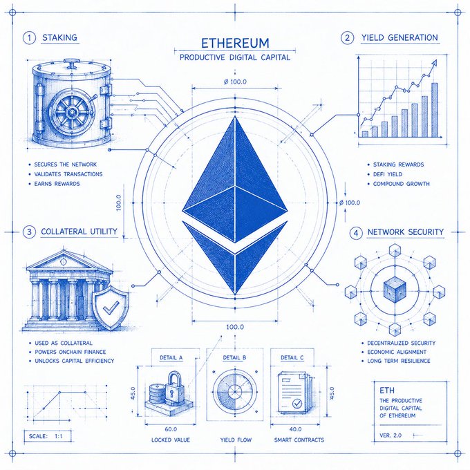 The image features a blue illustration that explains the concept of Etherium, which is different from most crypto assets. It can be staked, used as collateral for onchain finance, and has the potential to generate yield over time. The post also mentions that Etherium can act as the center of onchain finance, which means it plays an important role in the broader ecosystem of digital currency.