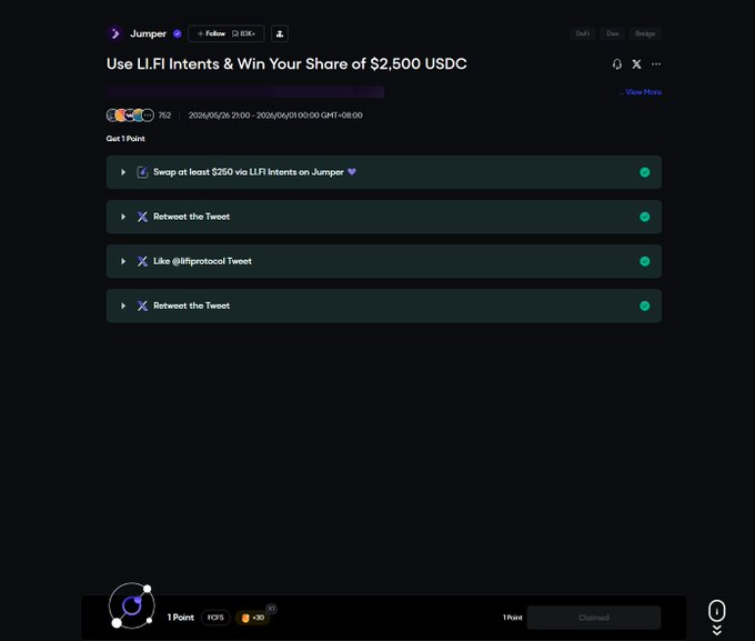 The image shows a screenshot of an app named "Cross-Chain Bridge Jumper Galaxy Event" that has a button at the bottom center for users to tap to proceed with their tasks. The post displayed here is a task titled "Use LIFI Intent & Win your share of $500 USDC". It appears as though someone is trying to get involved in a cryptocurrency trading event, possibly aiming to achieve some gains or transactions.