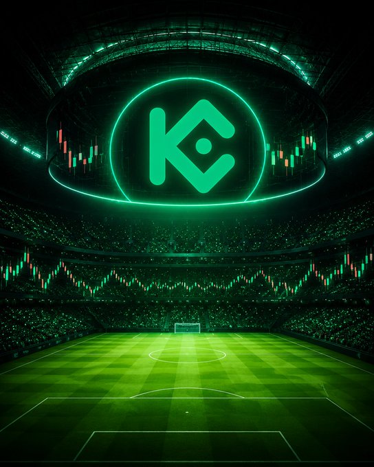 A glowing KuCoin logo hovers above a packed soccer stadium overlaid with green candlestick charts, blending sports grandeur with trading action.

The image visualizes the post's message by merging a massive stadium (representing the "biggest tournaments") with price charts (representing the "biggest runs"), all branded with the KuCoin logo to suggest the exchange hosts both the scale of a championship and the excitement of a major market rally.