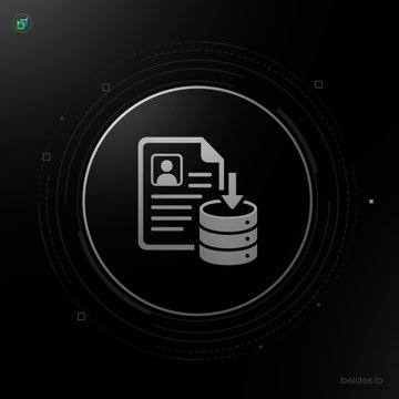A black circular icon showing a document with a person silhouette being saved to a database, with 'beldex.io' branding in the corner.