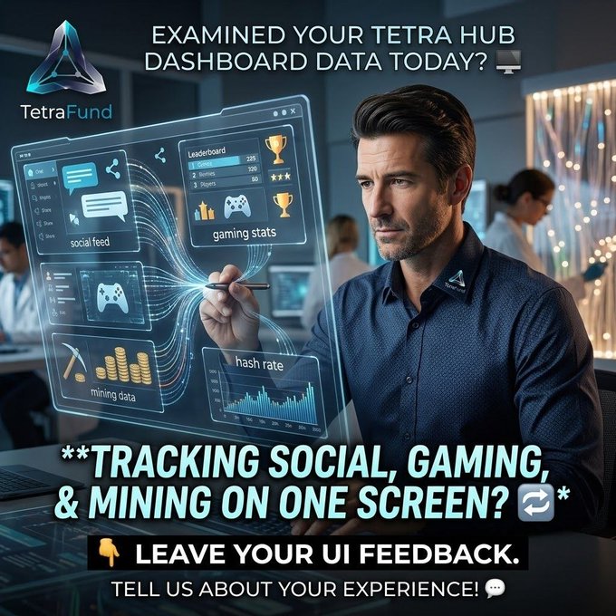 A promotional graphic for 'TetraFund' featuring a man interacting with a digital dashboard, with text reading 'EXAMINED YOUR TETRA HUB DASHBOARD DATA TODAY?', 'TRACKING SOCIAL, GAMING, & MINING ON ONE SCREEN?', and 'LEAVE YOUR UI FEEDBACK. TELL US ABOUT YOUR EXPERIENCE!'.