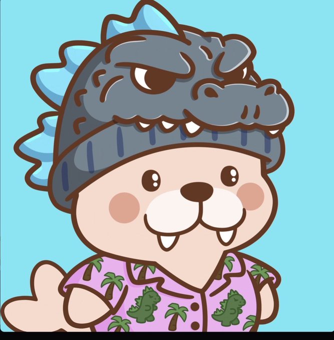 A cartoon character resembling a beaver or similar animal with large buck teeth wears a purple shirt patterned with dinosaurs and palm trees, and a large grey Godzilla-like dinosaur head as a hat.