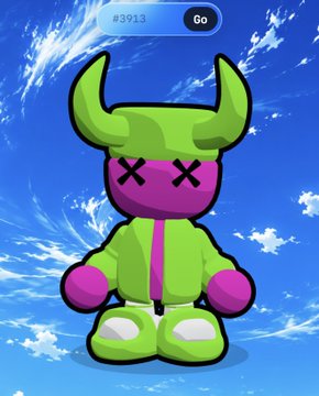 A cartoon character resembling a green and purple alien or monster with horn-like protrusions and 'X' marks for eyes, wearing a green and purple outfit, displayed against a blue sky background with a '#3913' label at the top.