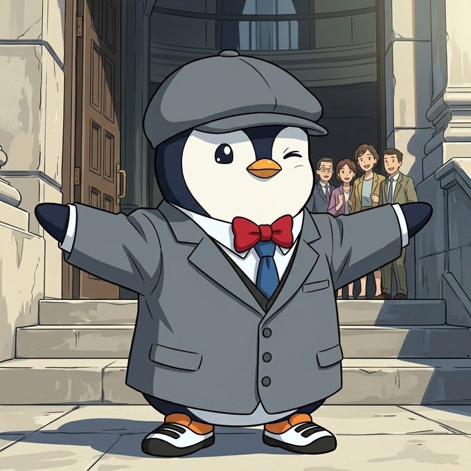 An anime-style penguin character wearing a grey flat cap, grey suit jacket, red bow tie, and blue tie stands with arms outstretched in front of a building entrance. Several people in the background watch the penguin.