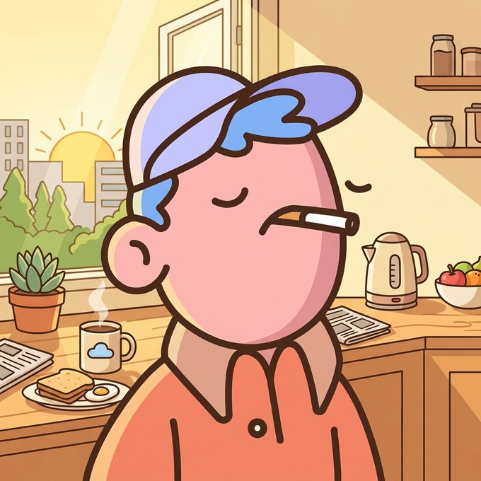 A cartoon illustration of a person with blue hair in a kitchen, looking tired with a cigarette in their mouth, surrounded by breakfast items like toast, eggs, coffee, a kettle, and a fruit bowl with a sunrise city view through the window.