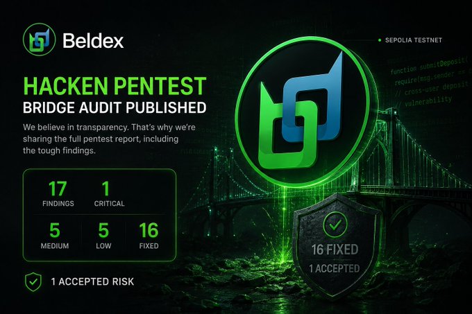 Beldex’s published Hacken pentest reports 17 findings: 1 critical, 5 medium, 5 low, and 6 informational, with 16 fixed and 1 accepted risk. It highlights the critical cross-user deposit theft vulnerability in `submitDeposit`.