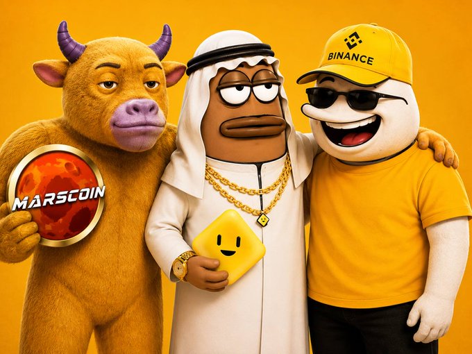 Three cartoon mascots pose together: an orange bull holding a 'MARSCOIN' coin, a character in traditional Arab attire holding a yellow emoji cube, and a white mascot wearing a yellow Binance shirt and cap.