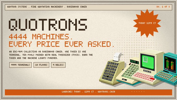 A retro pixel-art promotional banner for "QUOTRONS" advertises 4444 NFT machines on an ERC-404 collection, featuring "4444 TERMINALS, 10 FLOORS, 4 RELICS" and displaying vintage cash registers and CRT terminals. The image ties to the post by showcasing the launch announcement for the Quotrons NFT project from Ink team members, which the user purchased as a speculative, high-risk bet to test how a tokenized NFT collection performs.
