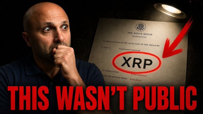 The image is a YouTube thumbnail showing a bald man in a dark shirt with a contemplative, wide-eyed expression next to a lit lamp illuminating a fictional "White House Memorandum" marked confidential, addressed to the Secretary of the Treasury with the subject "Digital Asset Framework" and "XRP" circled in red with an arrow pointing to it, overlaid with the bold red text "THIS WASN'T PUBLIC."

The thumbnail ties into the post by visually sensationalizing the rumored White House meeting on digital asset policy, using the XRP label and "wasn't public" headline to suggest an insider crypto connection, while the post reframes the same meeting as a traditional finance event where Nasdaq, NYSE, and CME were invited to discuss tokenized product listings.