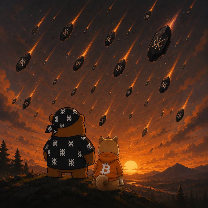 A digital illustration of a bear and a fox wearing hoodies with cryptocurrency logos, watching fiery meteors with symbols falling through an orange sunset sky.