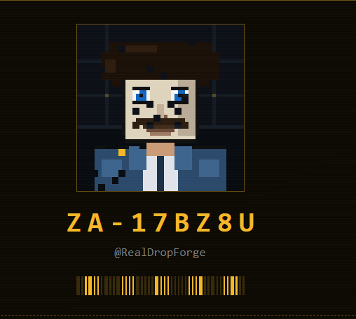 A pixel art ID badge displays a character with brown hair and blue eyes above the text 'ZA-17BZ8U' and '@RealDropForge', with a barcode at the bottom.