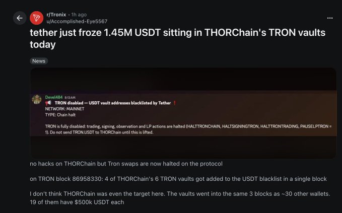 A Reddit post from r/Tronix reports that Tether froze 1.45M USDT in THORChain's TRON vaults, with a screenshot showing a Discord message from "Devel0er" confirming "TRON disabled — USDT vault addresses blacklisted by Tether" and trading halted. The image supports the accompanying post about Tether blacklisting four of THORChain's six TRON USDT vaults.