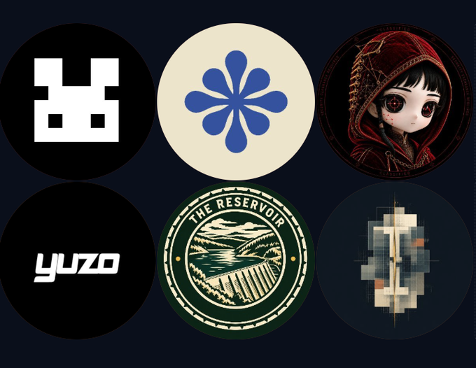 A collection of six circular logos including a pixelated character, a blue flower, an anime-style hooded figure, 'yuzo' text, 'THE RESERVOIR' mountain emblem, and a glitchy abstract design.
