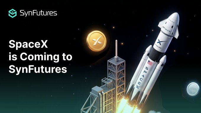The image features a rocket launch with the text "SpaceX $SPCX RWA listing is coming to SynFutures" above it, indicating that the space exploration company's stock listing is about to go public. The rocket is launching into space against a backdrop of stars and buildings, symbolizing the beginning of this new venture.