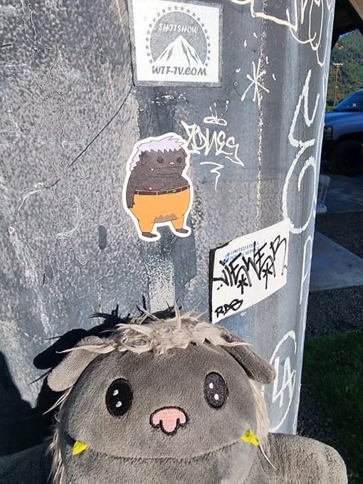 A plush honey badger toy poses in front of a sticker-decorated pole featuring a matching honey badger cartoon sticker and an "SMOLSHQ WTF-TV.COM" logo, visually representing the $HBDCERC20 token referenced in the post.