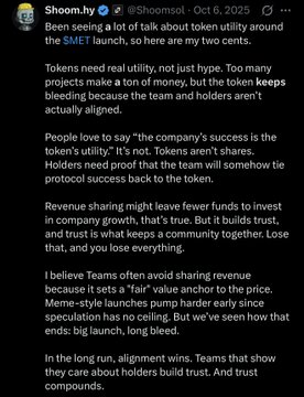 A screenshot of an X (formerly Twitter) post by @Shumsol_l dated October 6, 2025, discussing token utility, revenue sharing models, and long-term alignment between teams and holders, with the author referencing the $MET launch as an example of misaligned tokenomics—the post appears to support the Hylo airdrop argument by advocating against deflationary token models that bleed holders.