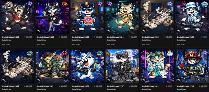A grid of 12 "Cutie Kitties" NFTs, each with unique designs ranging from police officer and detective outfits to hacker and firefighter gear, displayed with prices like #3,284 and #3,470, showcasing the expanding collection as mentioned in the post about securing 70 total Cutie Kitties.
