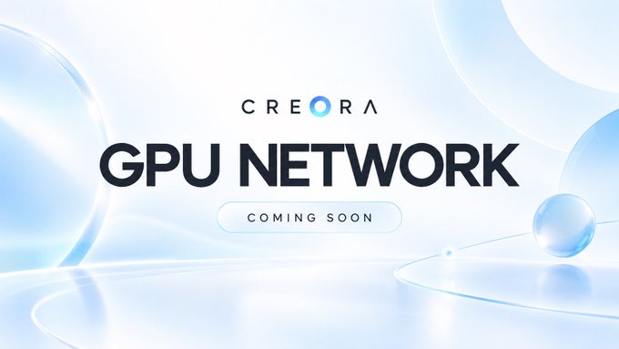 The promotional graphic features the "CREORA" logo above the bold headline "GPU NETWORK," accompanied by a "COMING SOON" button, all set against a sleek, light blue background with translucent 3D bubble-like spheres. The design's clean, high-tech aesthetic aligns with the announcement of Creora's forthcoming confidential compute network, which will utilize H100/H200/Blackwell GPUs with hardware attestation and revenue sharing via USDG.