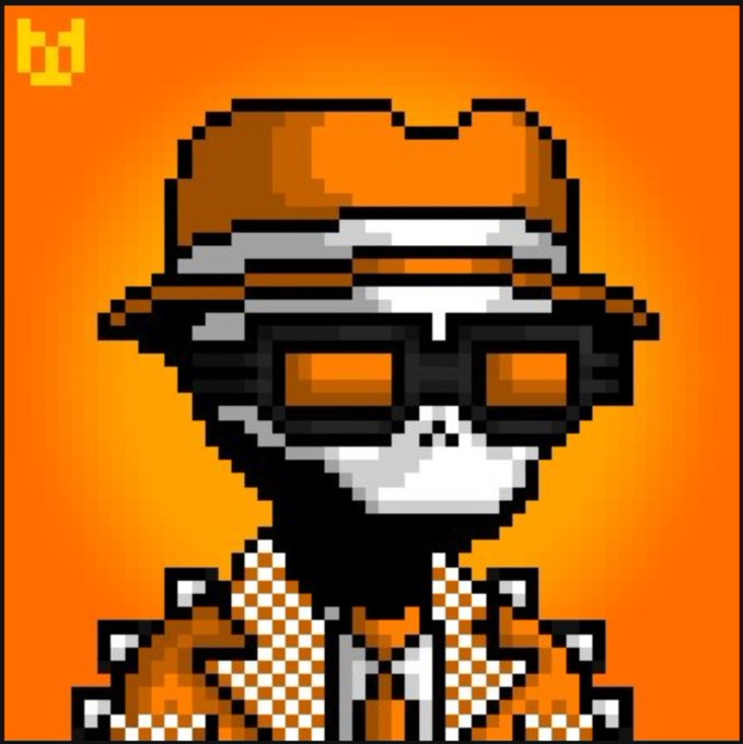 A pixel art illustration of a black and white character wearing an orange cowboy hat, sunglasses, and an orange checkered shirt on an orange background.
