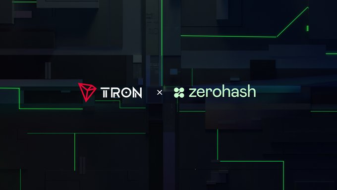 The image displays a partnership announcement graphic featuring the TRON logo alongside the Zero Hash logo, separated by a "×" symbol, set against a dark, tech-inspired background with green circuit-like lines. This visual accompanies a post about TRON's network security upgrades, highlighting the partnership as part of efforts to strengthen blockchain infrastructure and expand global node distribution.