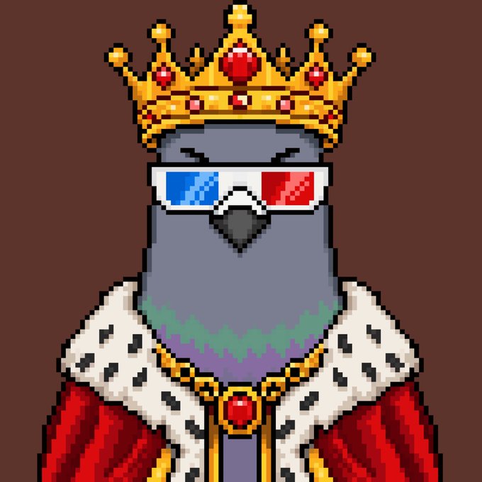 Pixel art of a penguin character wearing a gold crown with red gems, 3D glasses, a gold chain necklace, and a red and white royal robe, resembling a 'Cool' emote style character.