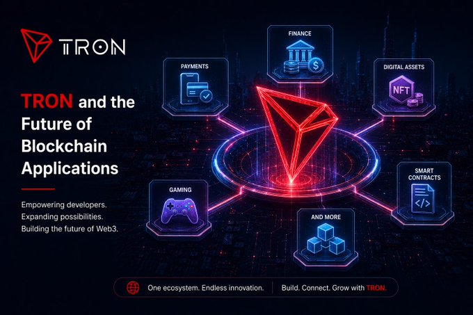 A promotional graphic for TRON titled 'TRON and the Future of Blockchain Applications,' featuring the TRON logo surrounded by icons representing Payments, Finance, Digital Assets, Gaming, Smart Contracts, and 'And More.'