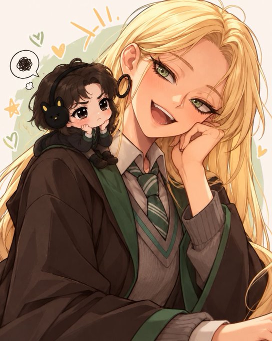 A vibrant anime-style illustration of a smiling blonde woman with green eyes wearing a black and green Hogwarts uniform, with a small chibi-style dark-haired girl wearing headphones perched on her shoulder.