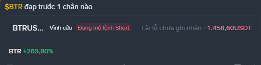 A screenshot of a cryptocurrency trading interface in Vietnamese showing '$BTR' with a 'Vinhh cầu' label, a 'Đang mở lệnh Short' button, and a profit of '+1.458,60 USDT' (+269.80%).
