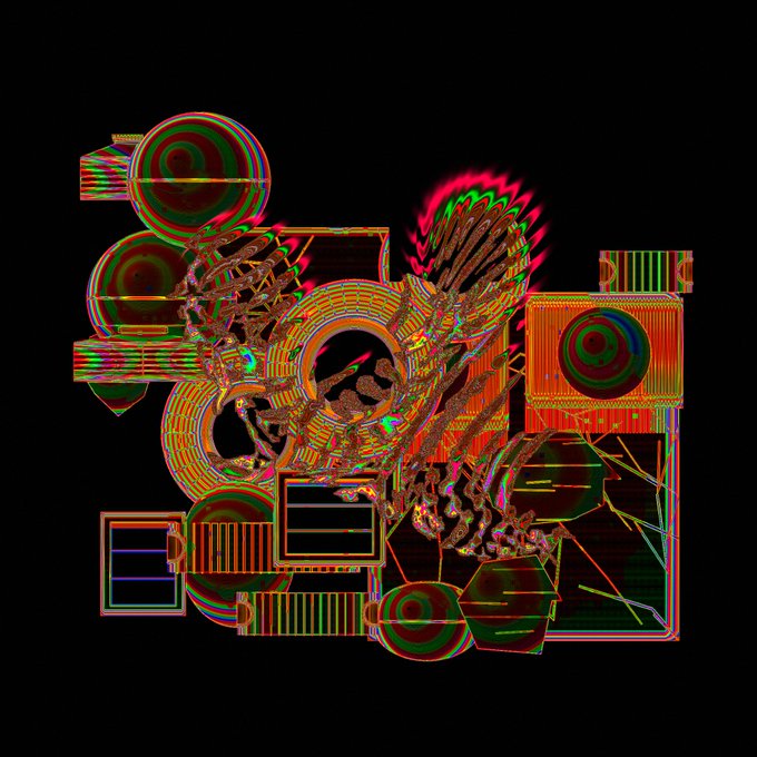 Abstract digital artwork featuring vibrant neon green, red, and blue geometric shapes, circles, and patterns against a black background.