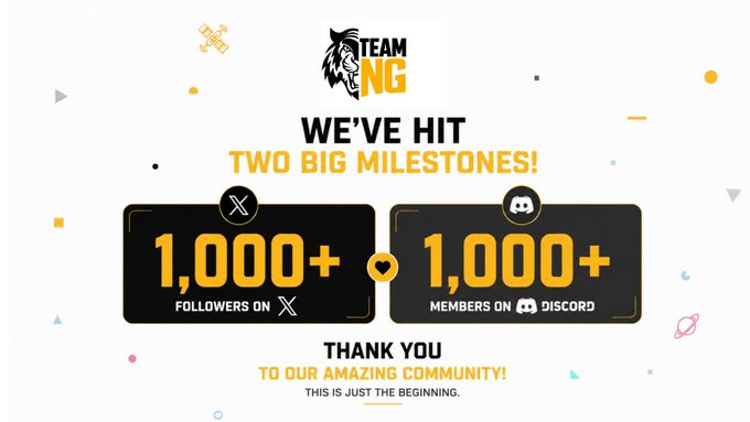 'TEAM NG' graphic celebrating 'Two Big Milestones!' with '1,000+ Followers on X' and '1,000+ Members on Discord,' thanking their community 'This is just the beginning.'