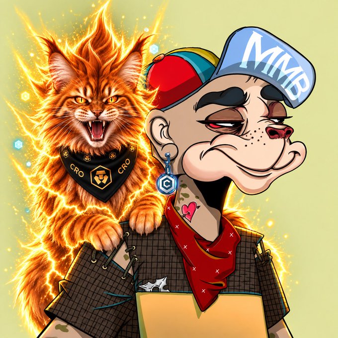 A cartoon-style illustration showing a flaming orange tabby cat with a 'CRO' bandana perched on the shoulder of a stylized character wearing an 'MMOB' cap and holding a folder.