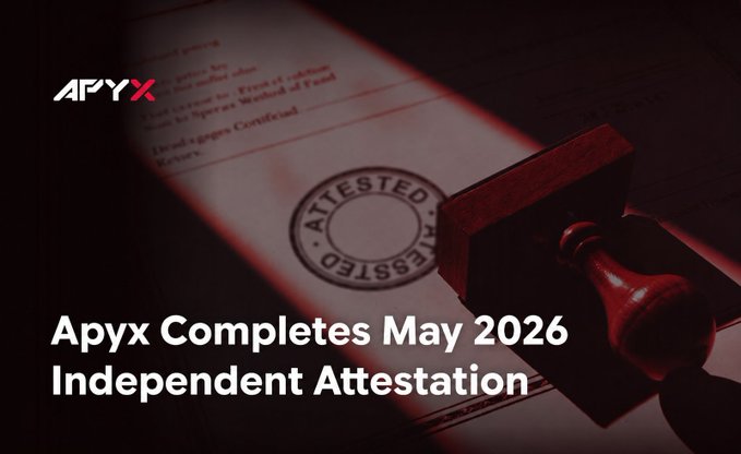 The image shows a stamp or seal with the text "Apx completes May 2026 Independent Attestation" written on it, along with an image of a stamp or seal. The text also mentions that the independent attestation is now live, which means that the document has been officially processed and is ready for review by banks and financial institutions.