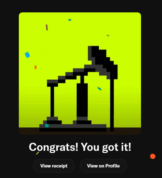 A dark-themed app interface celebrating a win with 'Congrats! You got it!' text, showing a pixelated black oil pumpjack icon on a bright lime green background, with 'View receipt' and 'View on Profile' buttons.